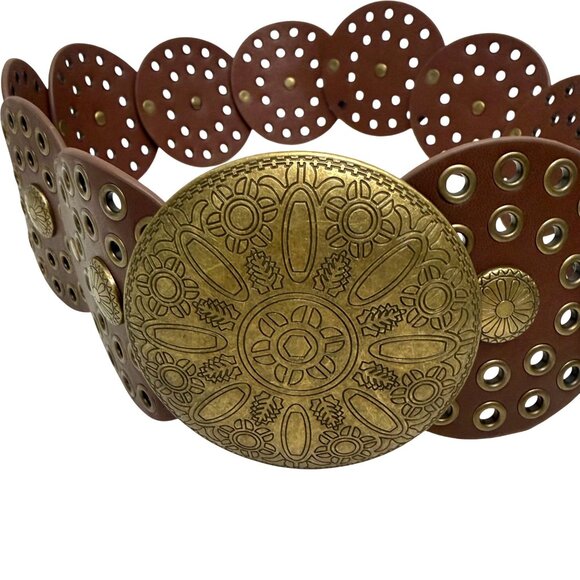 Women\'s Waist Concho Belt Brown Wide Leather Brass Disc Buckle Boho Western main image 6